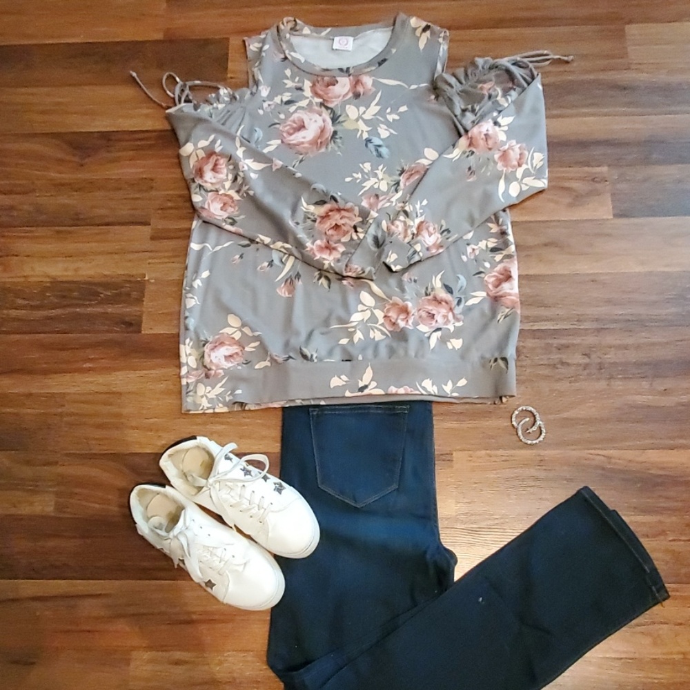 Grey Cold Shoulder Floral Sweatshirt